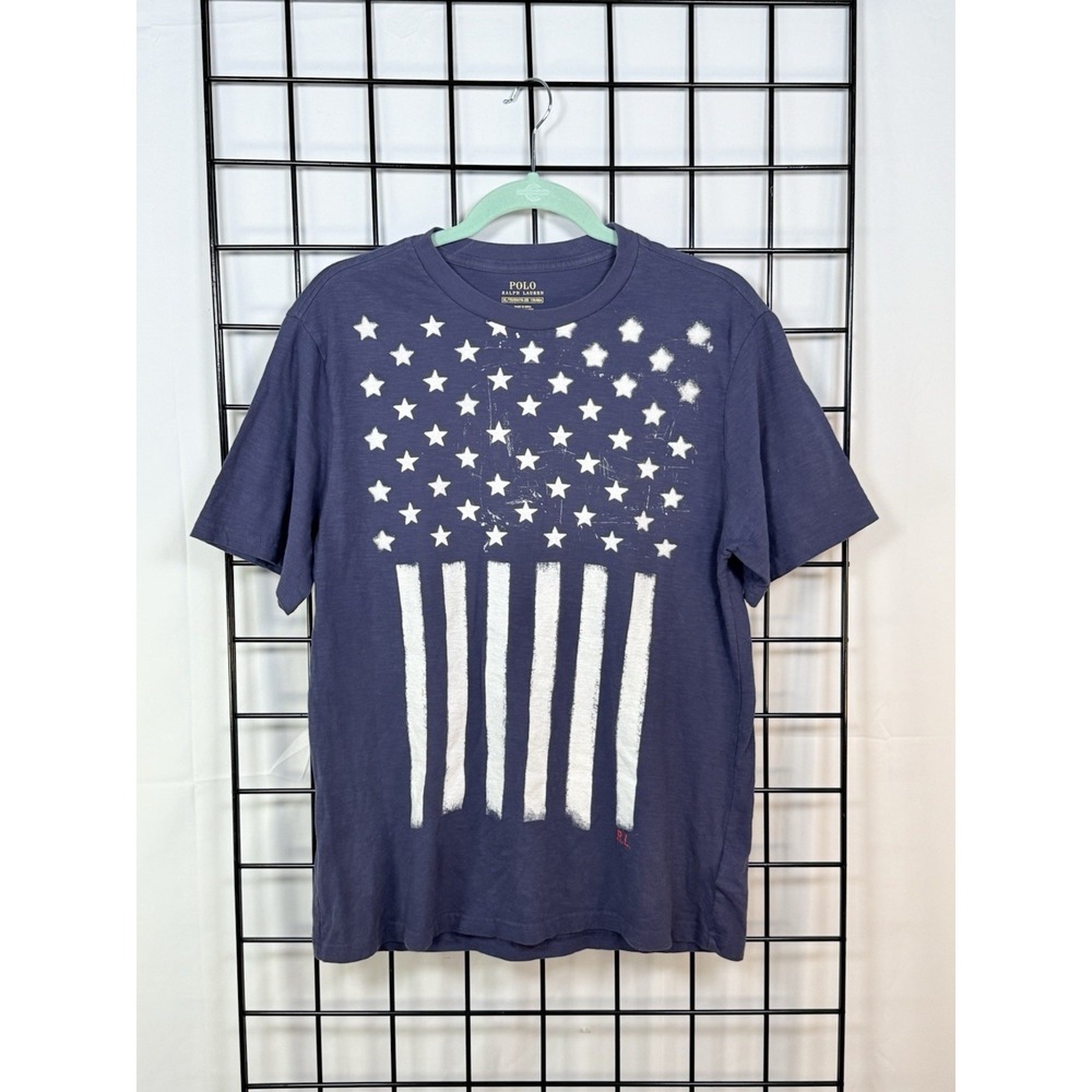 POLO RALPH LAUREN American Flag T-Shirt Boys XL (18-20) Blue Patriotic Summer